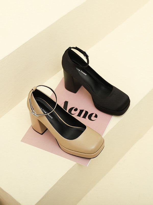Lace-Up Shallow Cut Square-Toe Mary Janes Pumps