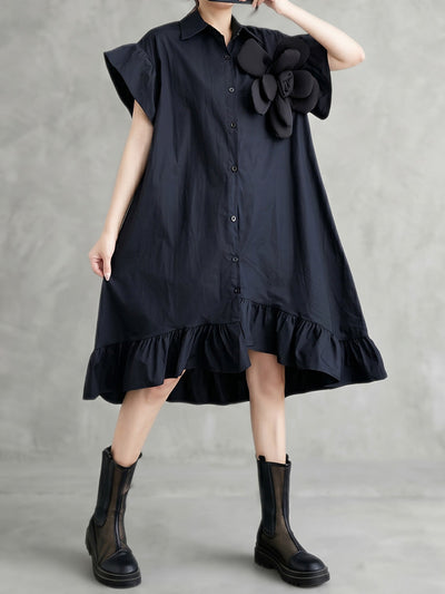 Loose Short Sleeves Asymmetric Buttoned Ruffled Solid Color Three-Dimensional Flower Lapel Midi Dresses