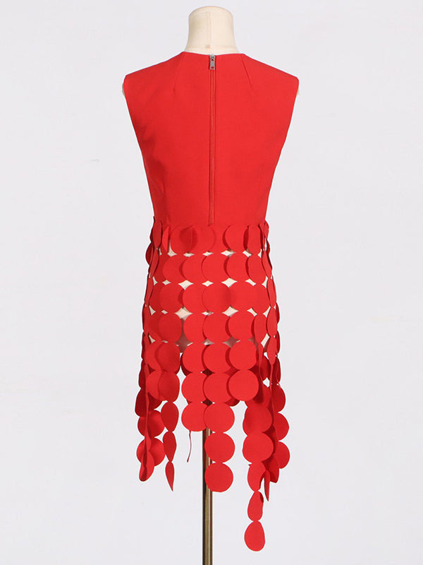 Sleeveless Polka-Dot Solid Color Split-Joint Tasseled Round-Neck Vest Top