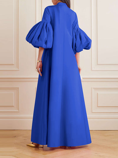Loose Flower Shape Solid Color Stand Collar Lantern Sleeves Maxi Dresses