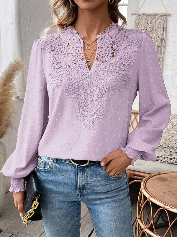 Loose Puff Sleeves Elasticity Hollow Jacquard Solid Color Split-Joint V-Neck Blouses&Shirts Tops