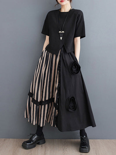 Elastics High Waisted Loose Flower-Embellished Split-Joint Skirts Bottoms