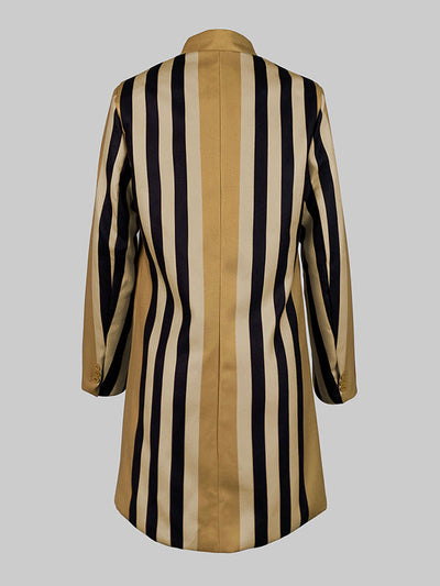 Long Sleeves Loose Buttoned Split-Joint Striped Stand Collar Woolen Coat