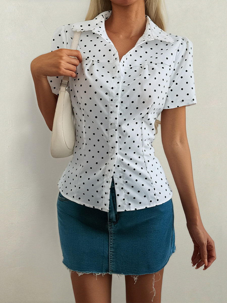 Short Sleeves Buttoned Polka-Dot Solid Color Split-Joint Lapel Blouses&Shirts Tops