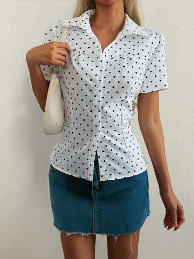 Short Sleeves Buttoned Polka-Dot Solid Color Split-Joint Lapel Blouses&Shirts Tops