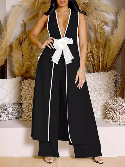 Sleeveless Contrast Color Split-Joint V-Neck Top + Wide Leg Pants Trousers Two Pieces Set
