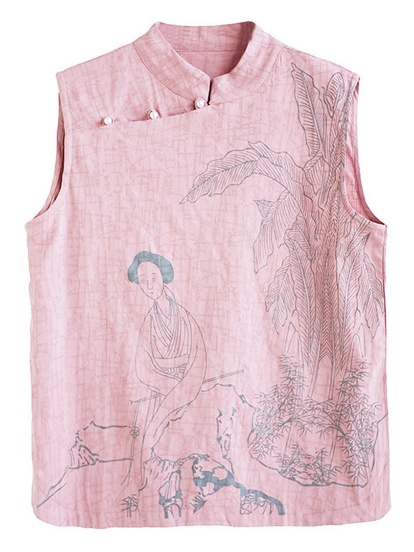 Artistic Retro Chinese-Style Printed Buttoned Stand Collar Sleeveless Vest
