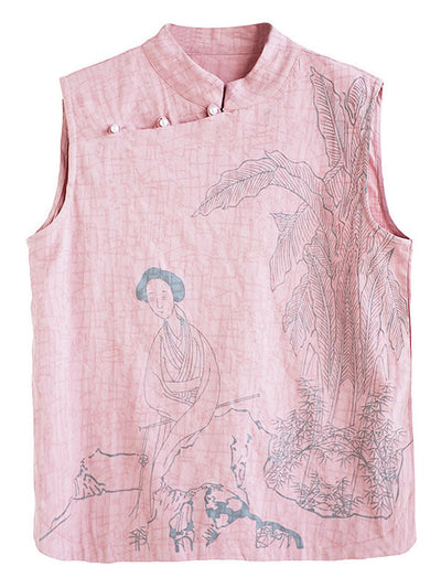 Artistic Retro Chinese-Style Printed Buttoned Stand Collar Sleeveless Vest