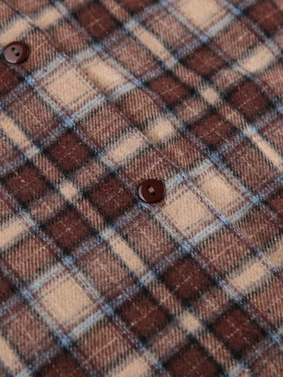 Long Sleeves Loose Buttoned Contrast Color Plaid Split-Joint Lapel Blouses&Shirts Tops Outerwear