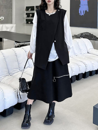 Loose Sleeveless Asymmetric Zipper Round-Neck Vest Top