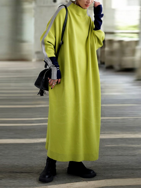 Long Sleeves Loose Contrast Color Stand Collar Maxi Dresses