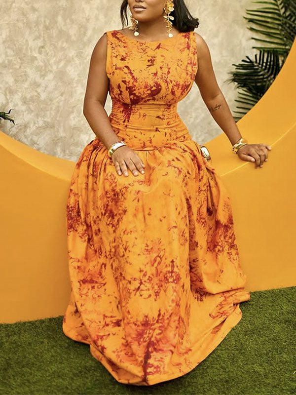 Bodycon Sleeveless Pleated Zipper Round-Neck Maxi Dresses