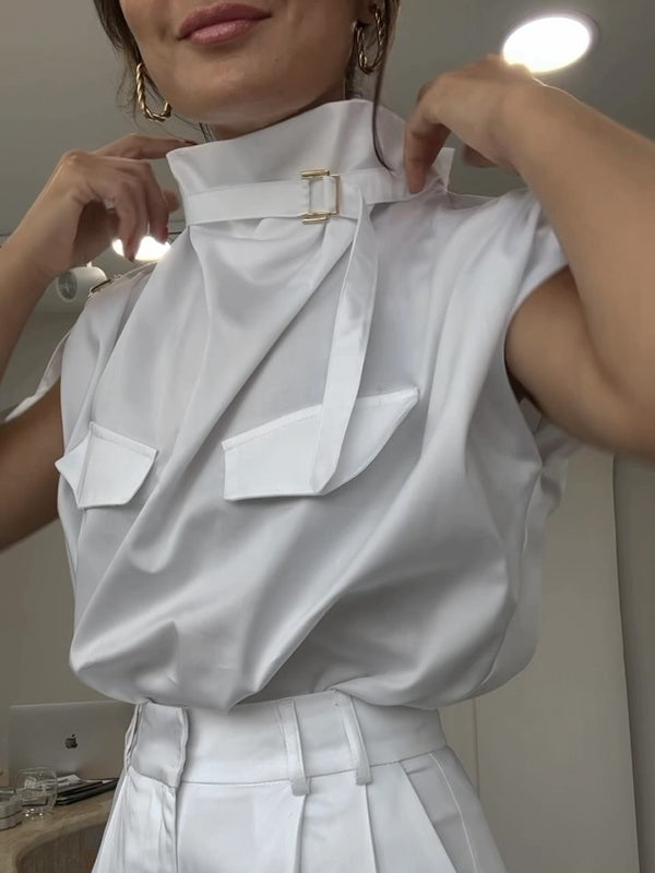 Loose Sleeveless Buckle Solid Color Stand Collar Blouses&Shirts Tops