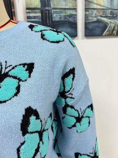 Original Long Sleeves Loose Butterfly Print Contrast Color Round-Neck Sweater Tops