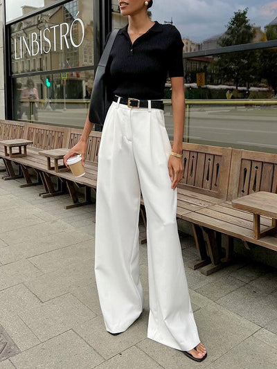 High Waisted Loose No Belt Pleated Pockets Solid Color Suit Pants Trousers