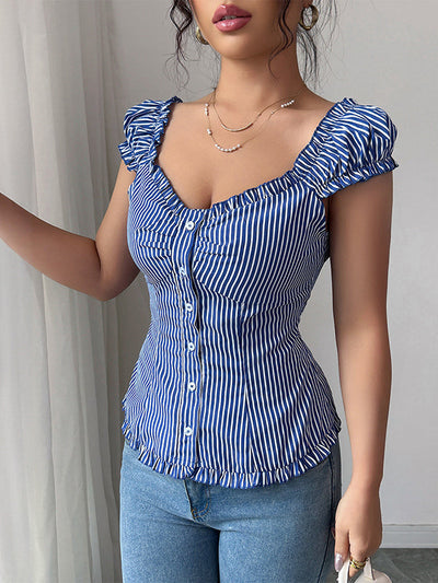 Puff Sleeves Skinny Buttoned Pleated Striped Square-Neck Blouses&Shirts Tops