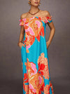 A-Line Loose Elasticity Flower Print Pleated Split-Joint Off-The-Shoulder Maxi Dresses