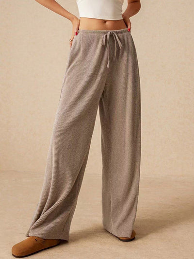 Elasticated Waist High Waisted Drawstring Solid Color Split-Joint Pants Trousers