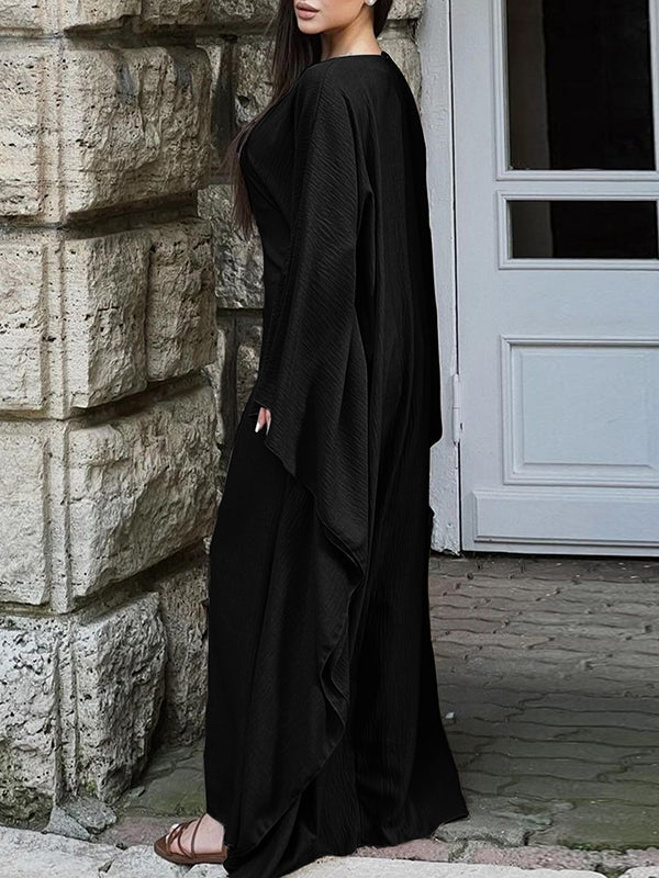 Batwing Sleeves Long Sleeves Solid Color Round-Neck Maxi Dresses