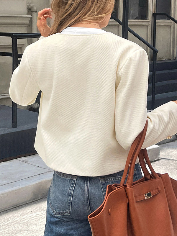 Long Sleeves Skinny Buttoned Single-Breasted Solid Color Striped Collarless Outerwear