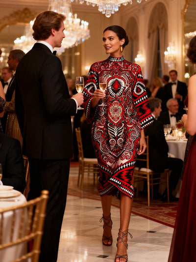 Flared Sleeves Long Sleeves Contrast Color Flower Print Geometric Split-Joint Round-Neck Midi Dresses
