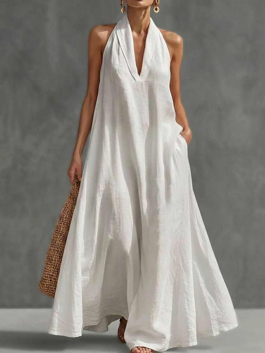 A-Line Loose Pockets Solid Color V-Neck Maxi Dresses