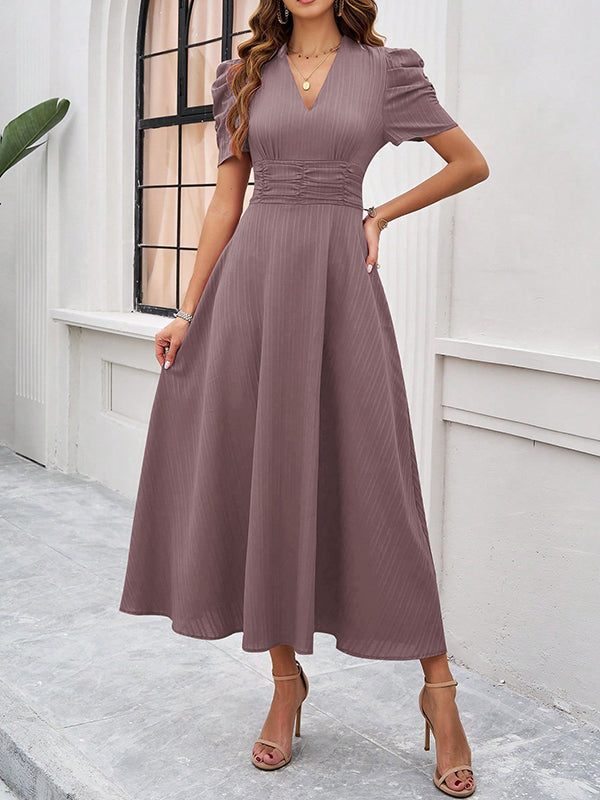 A-Line High Waisted Pleated Solid Color Zipper V-Neck Maxi Dresses