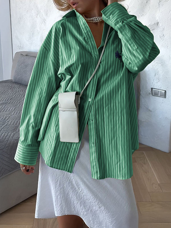 Long Sleeves Loose Buttoned Pockets Striped Lapel Blouses&Shirts Tops