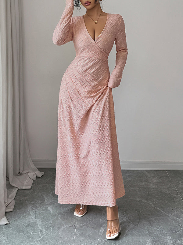 High Waisted Long Sleeves Pleated Solid Color Deep V-Neck Maxi Dresses