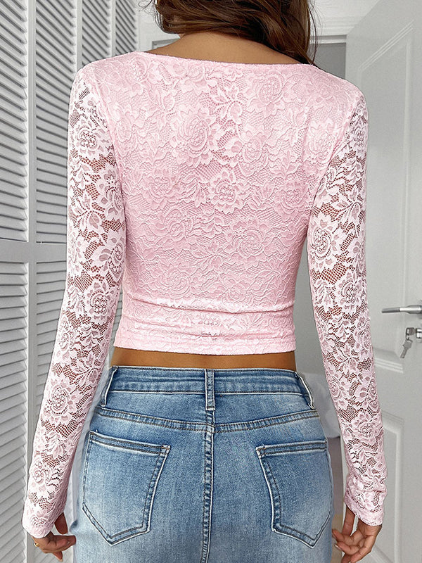 Long Sleeves Skinny Bow-Embellished Flower Print Hollow See-Through Split-Joint Deep V-Neck Blouses&Shirts Tops
