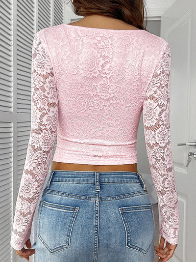 Long Sleeves Skinny Bow-Embellished Flower Print Hollow See-Through Split-Joint Deep V-Neck Blouses&Shirts Tops