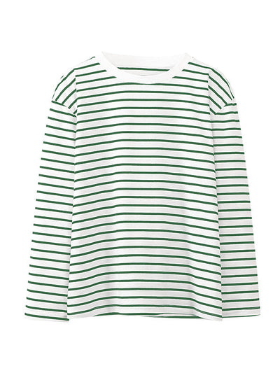 Long Sleeves Loose Striped Round-Neck T-Shirts Tops