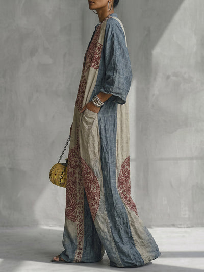 Loose Three-Quarter Sleeves Contrast Color Ethnic Printed Pockets V-Neck Jumpsuits