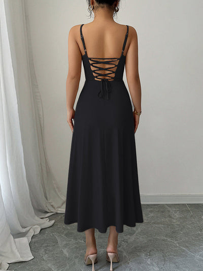 A-Line High Waisted Backless Pleated Solid Color Spaghetti-Neck Midi Dresses