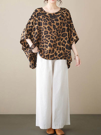 Batwing Sleeves Loose Leopard Round-Neck T-Shirts Tops