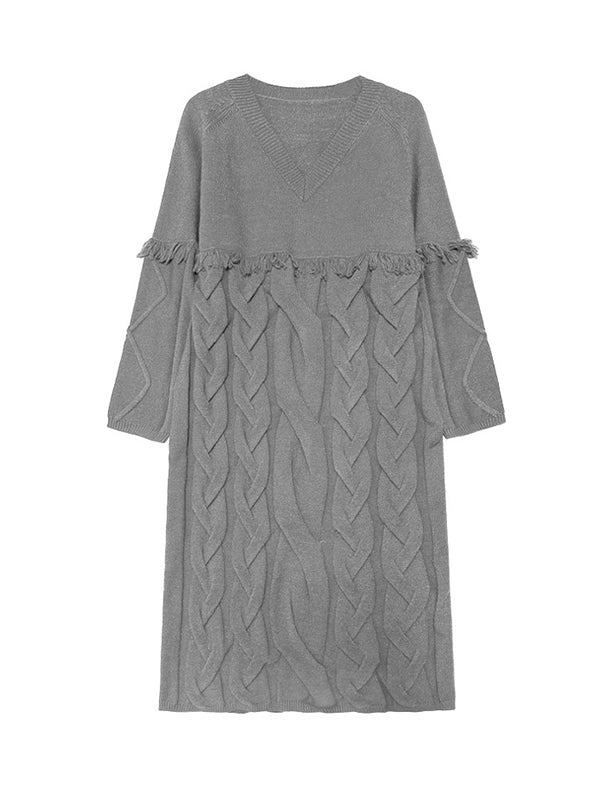 Long Sleeves Loose Solid Color Split-Joint Tasseled V-Neck Midi Dresses Sweater Dresses