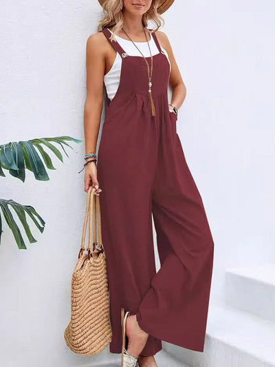 Loose Plus Size Pleated Split-Joint Square-Neck Overalls