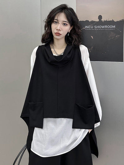 Irregularity Loose Pockets Solid Color Heaps Collar T-Shirts Vest Top