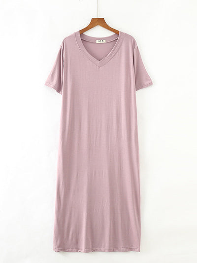 Simple Short Sleeves Loose Split-Side Solid Color V-Neck Pajamas Dress