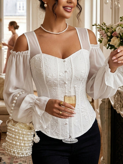 Flared Sleeves Long Sleeves Elasticity Hollow Jacquard Solid Color Split-Joint Cold Shoulder Blouses&Shirts Tops