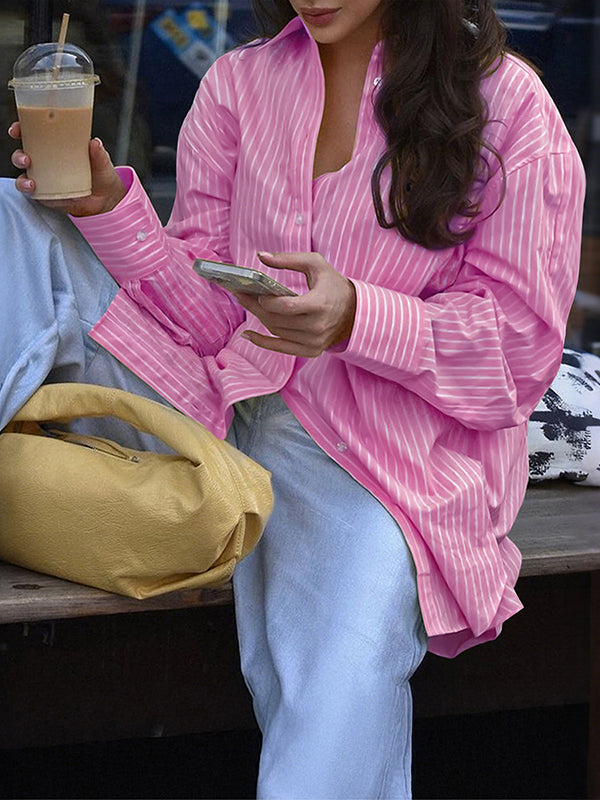 Long Sleeves Loose Buttoned Pockets Striped Lapel Blouses&Shirts Tops