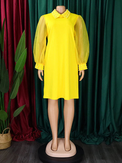 Puff Sleeves Beads Mesh Solid Color Split-Joint Round-neck Midi Dresses