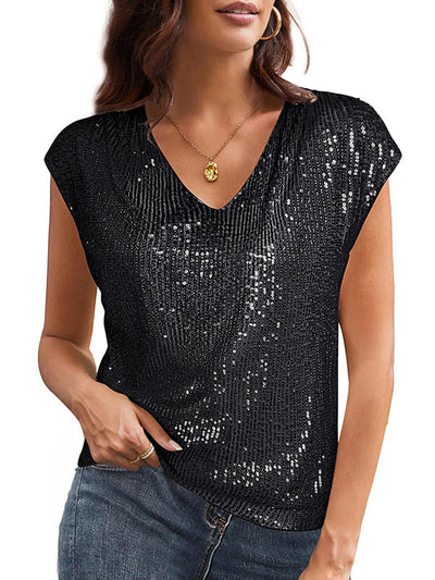 Batwing Sleeves Loose Sequined Shiny V-Neck T-Shirts Tops
