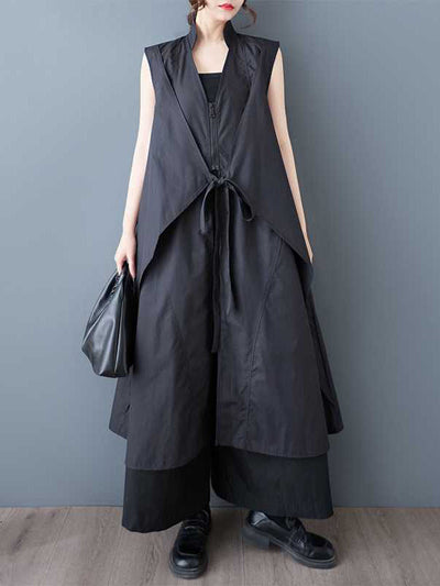 A-Line Loose Pockets Solid Color Tied Zipper V-Neck Midi Dresses Shirt Dress