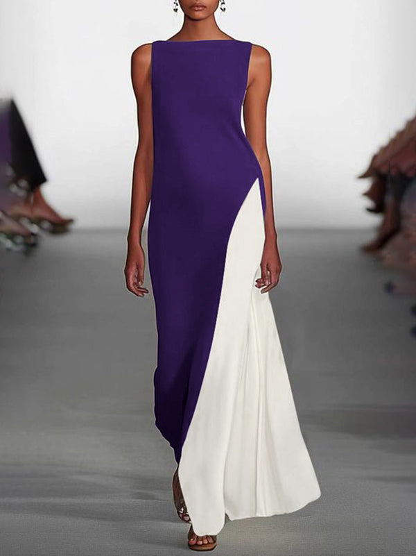 Loose Sleeveless Contrast Color Round-Neck Maxi Dresses