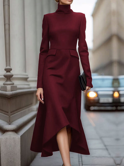 Long Sleeves Skinny Solid Color High Neck Midi Dresses