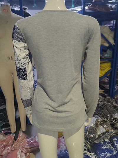 Irregularity Long Sleeves Asymmetric Buckle Contrast Color Pleated Split-Joint Round-Neck T-Shirts Tops