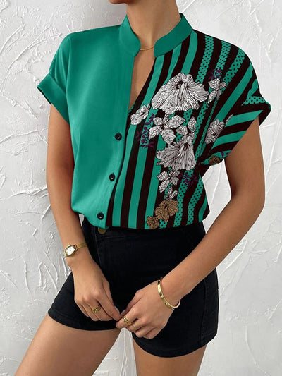 Loose Short Sleeves Buttoned Contrast Color Flower Print Striped V-Neck Blouses&Shirts Tops