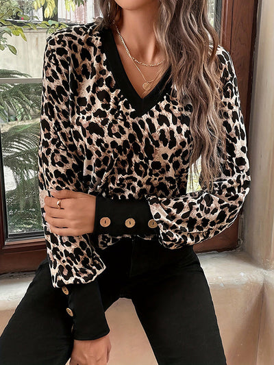 Long Sleeves Loose Buttoned Leopard V-Neck T-Shirts Tops