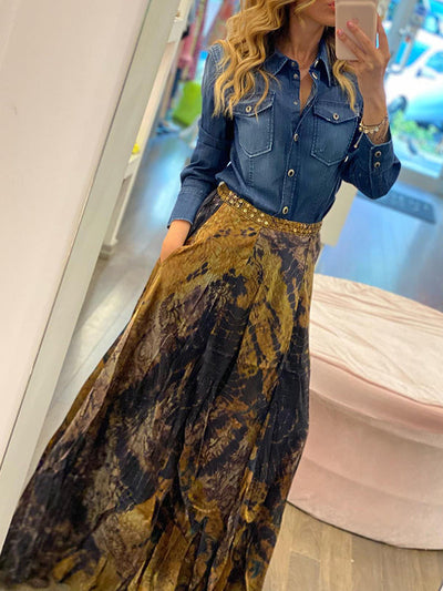 Loose Wrap Contrast Color Flower Print Skirts Bottoms